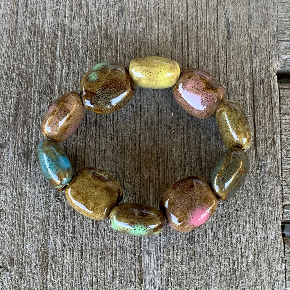 Ceramic Bead Stretch Bracelet Multicolor Earth Tone Glazed Chunky Boho Earthy
